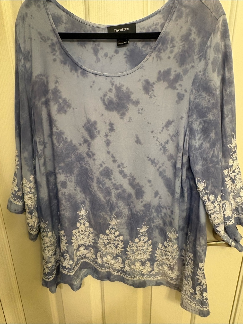 Karen Kane Blue Tie-Dye Scoop Neck Top with White Embroidered Hem